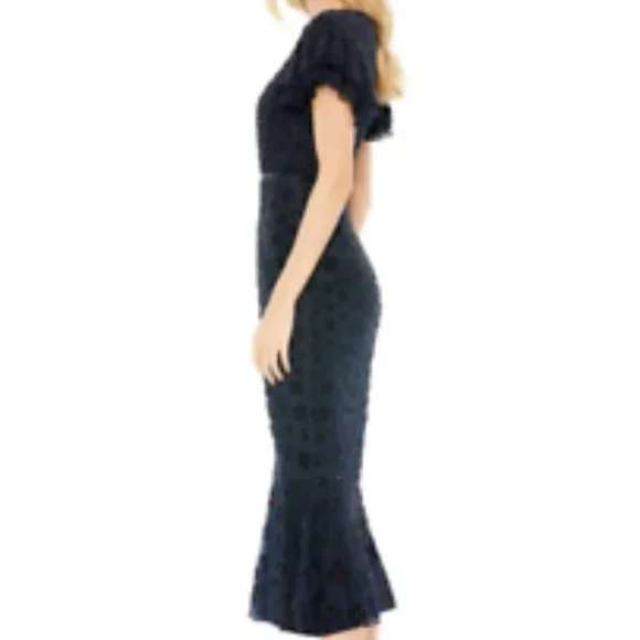 MAC DUGGAL 10771 FLOUNCE SLEEVE MIDI MIDNIGHT NAVY MIDI DRESS sz 6
